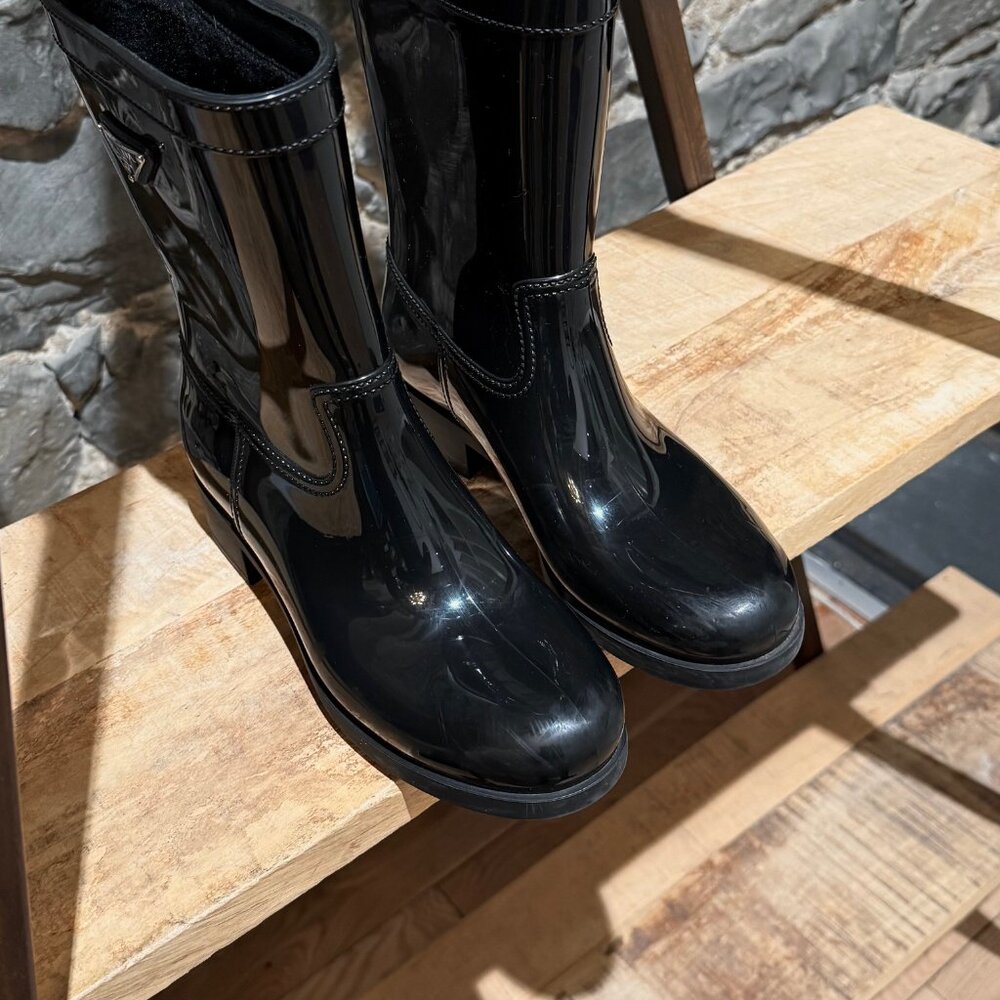 Prada Black Enamel Triangle Mid-Calf Rain Boots - Picture 5 of 14